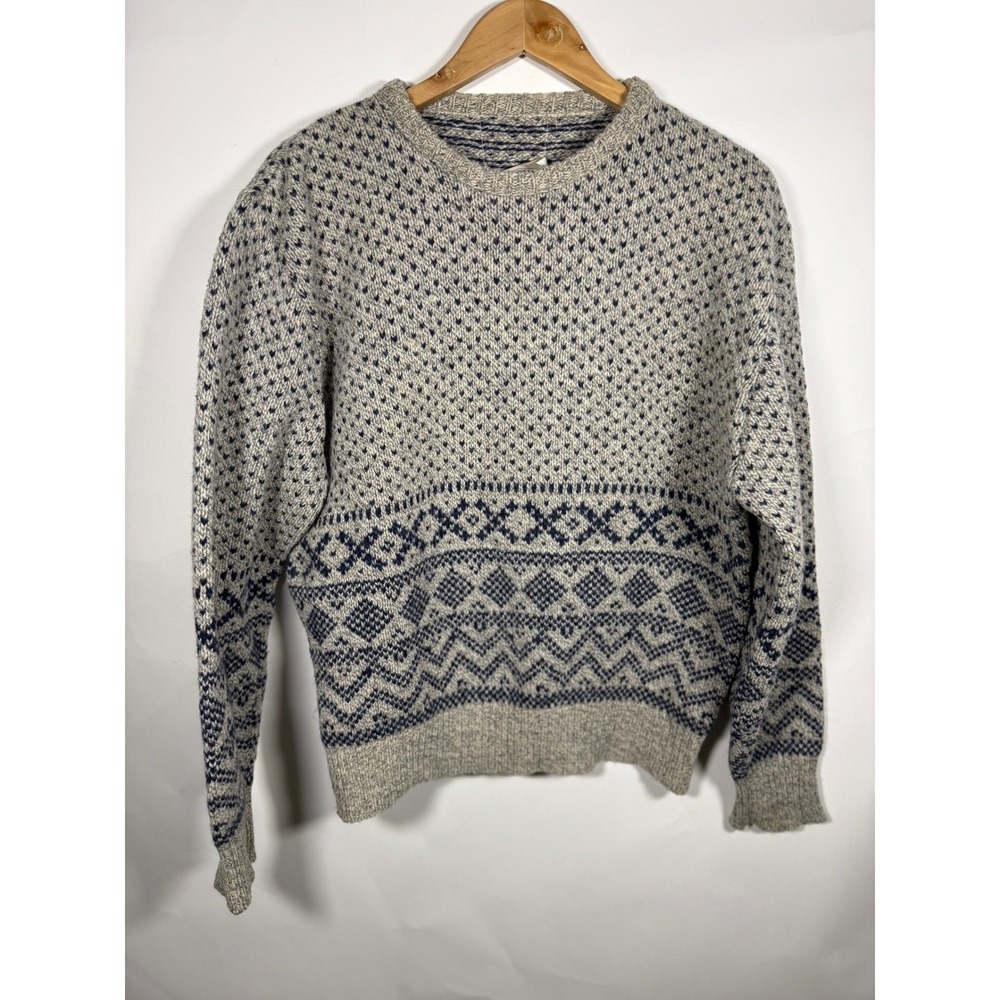 Royal North Mills Outfitters Mens Medium Wool Fair Isle Sweater Grey Navy Blue